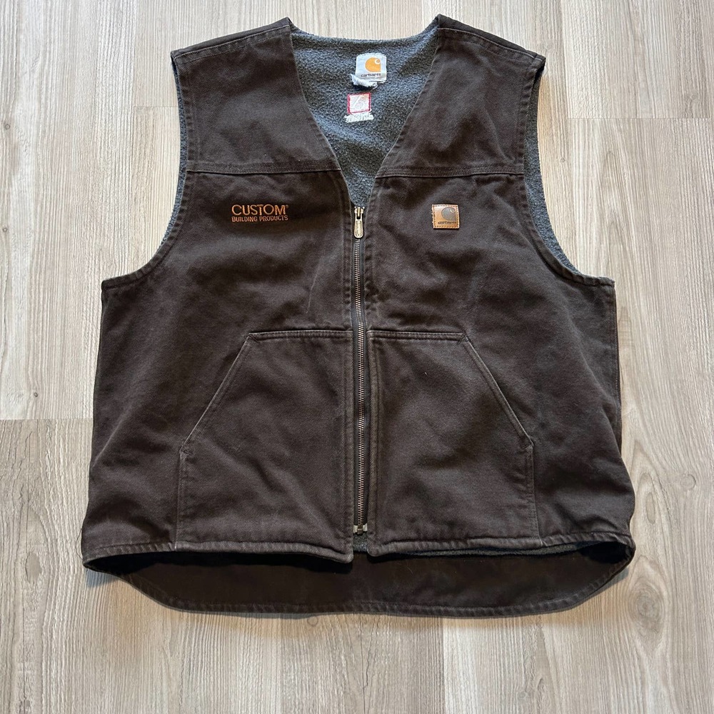 Men's Carhartt Dark Brown Fleece Lined Zip Up Duck Canvas Work Vest Jacket Sz XL
